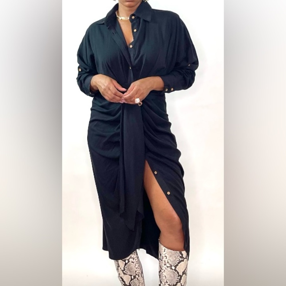 Casual Lapel Shirt Dress Belted Button Down Maxi Dress